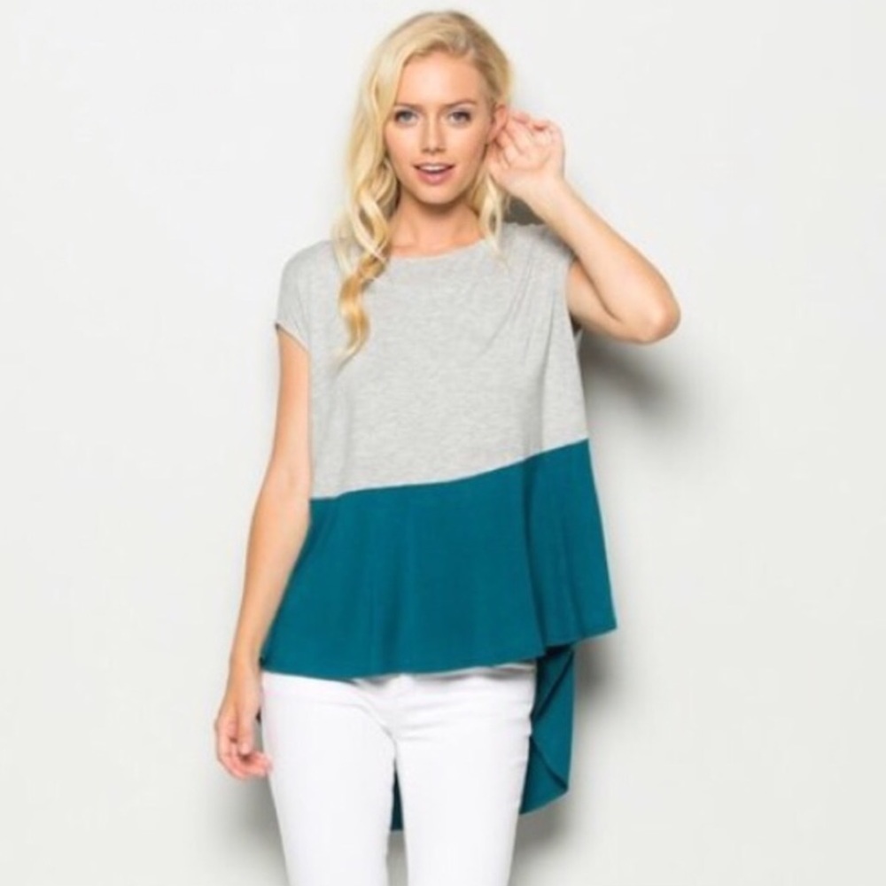 Colorblock Gray Tie Back Blouse Cap Sleeve Top Size Medium